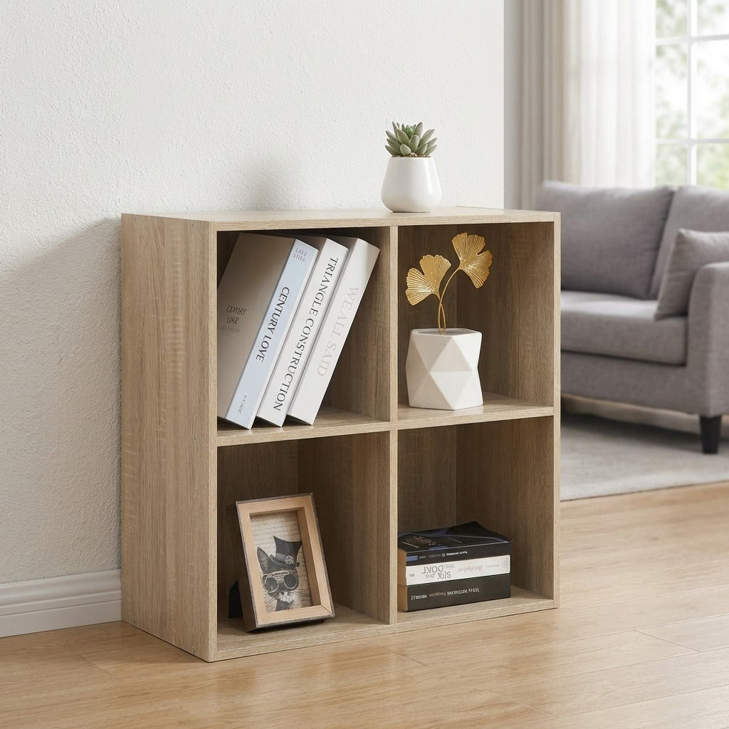 4-Cube Storage Bookcase Organizer - Wood-Grain Open Shelving Unit