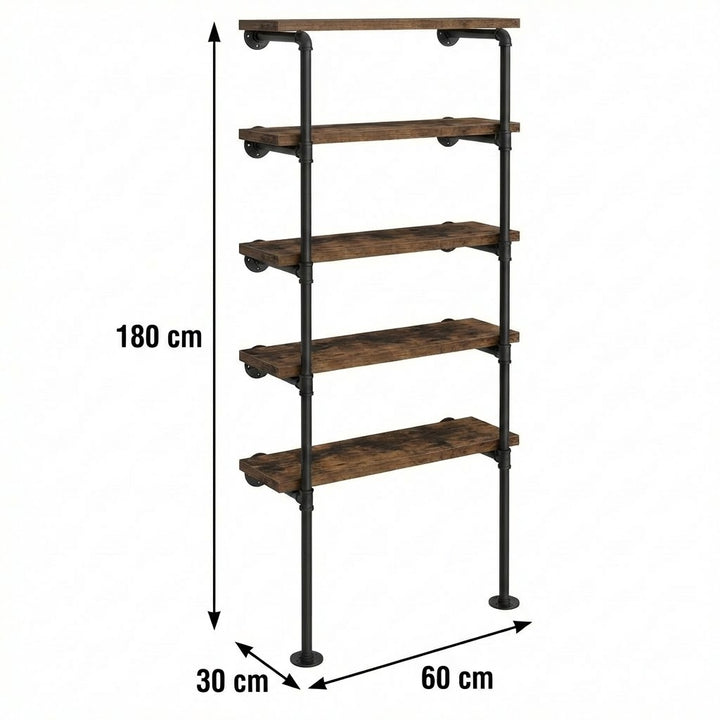 5 Tier Industrial Pipe Bookshelf Wall Mounted Storage Display Rack 180cm