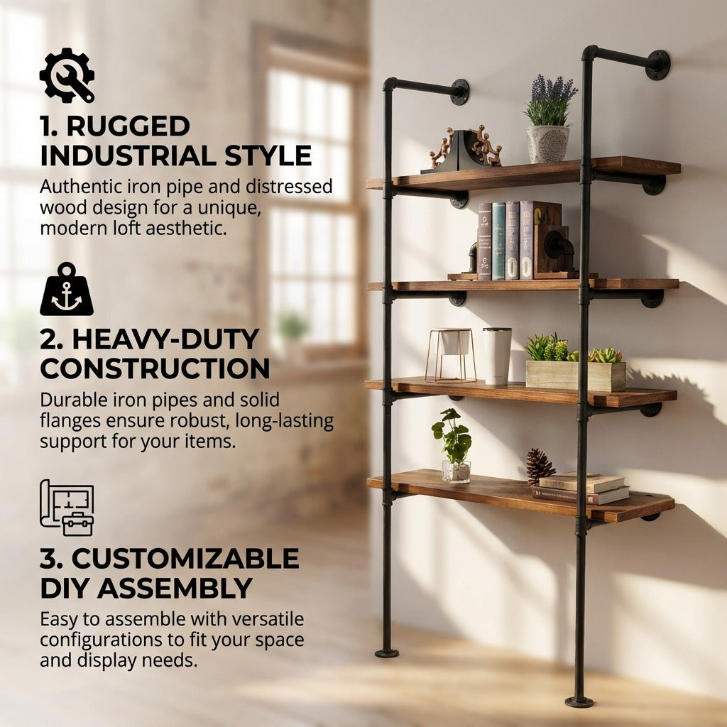 5 Tier Industrial Pipe Bookshelf Wall Mounted Storage Display Rack 180cm