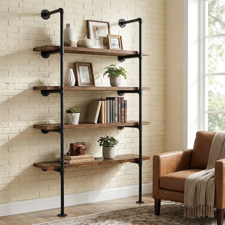5 Tier Industrial Pipe Bookshelf Wall Mounted Storage Display Rack 180cm