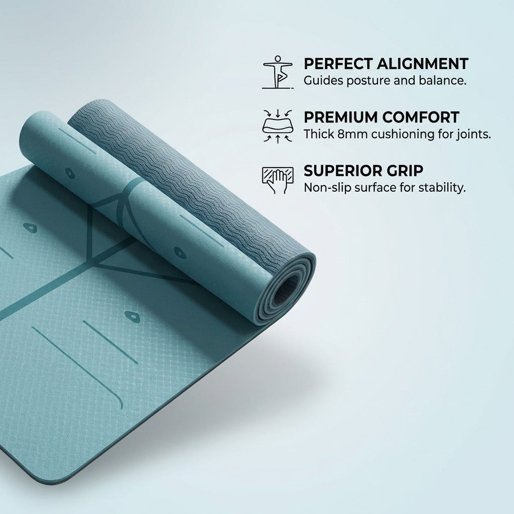 Premium TPE Pilates Yoga Mat with Alignment Marks - 8mm Extra-Wide Blue