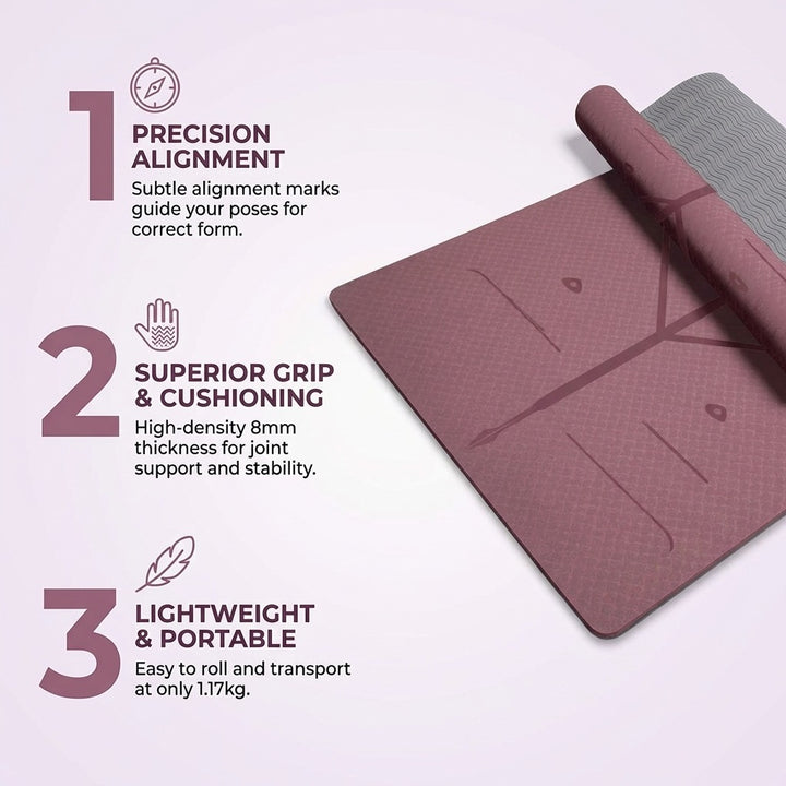 Professional Extra Wide TPE Yoga Mat with Alignment Marks 8mm - Purple