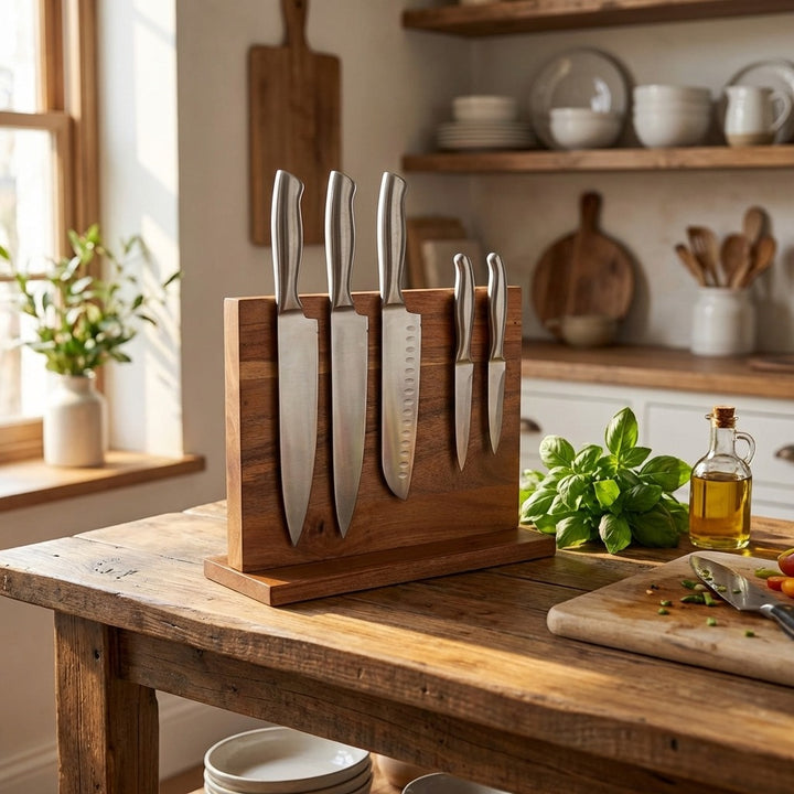 Double Sided Solid Wood Magnetic Knife Block - Countertop Storage Organizer