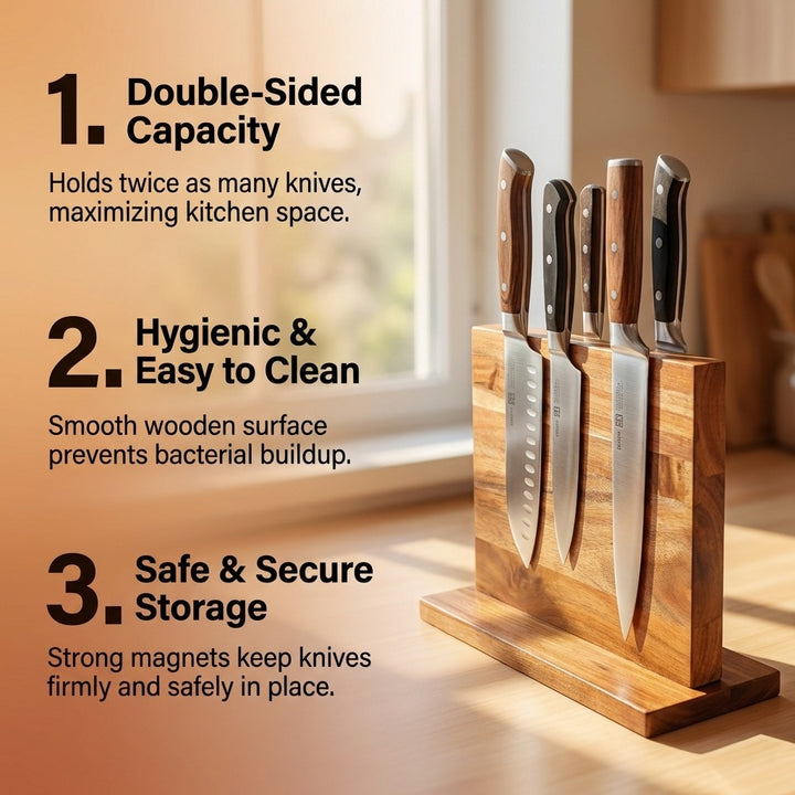 Double Sided Solid Wood Magnetic Knife Block - Countertop Storage Organizer