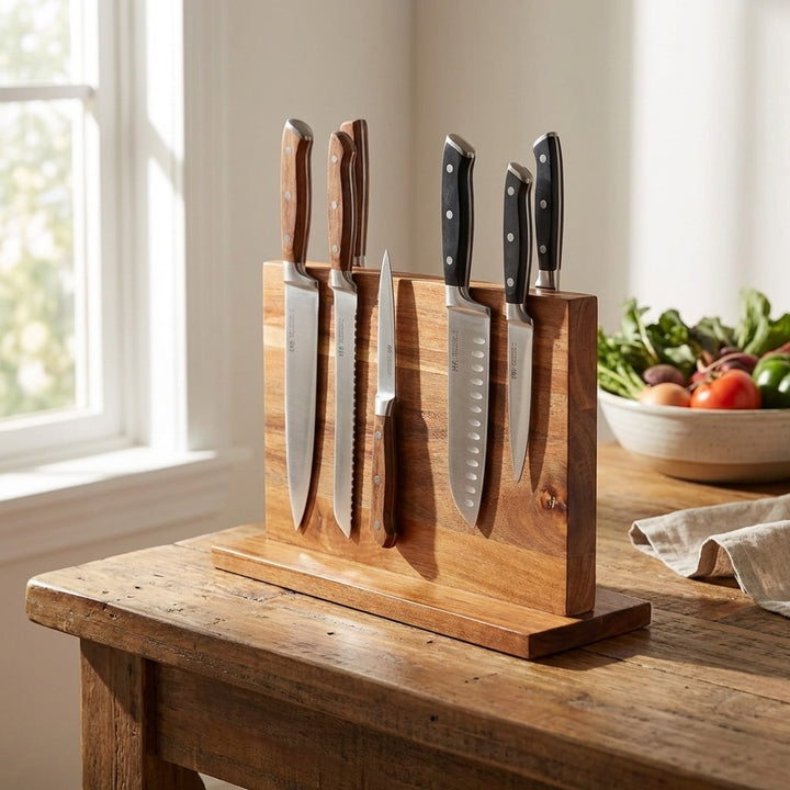 Double Sided Solid Wood Magnetic Knife Block - Countertop Storage Organizer