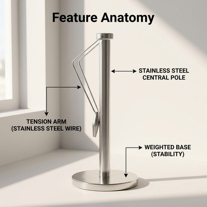 Stainless Steel Paper Towel Holder with Weighted Base and Tension Arm