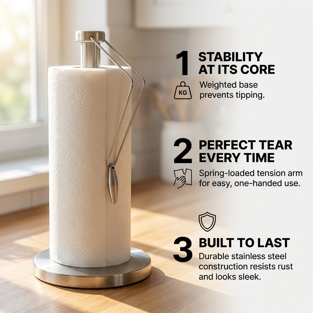 Stainless Steel Paper Towel Holder with Weighted Base and Tension Arm