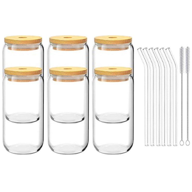 6-Pack Can-Shaped Drinking Glass Cups with Bamboo Lids and Glass Straws