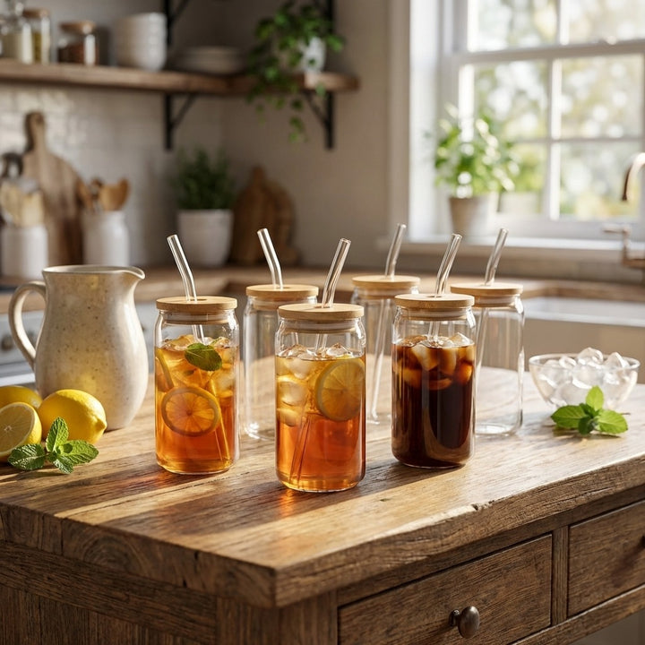 6-Pack Can-Shaped Drinking Glass Cups with Bamboo Lids and Glass Straws