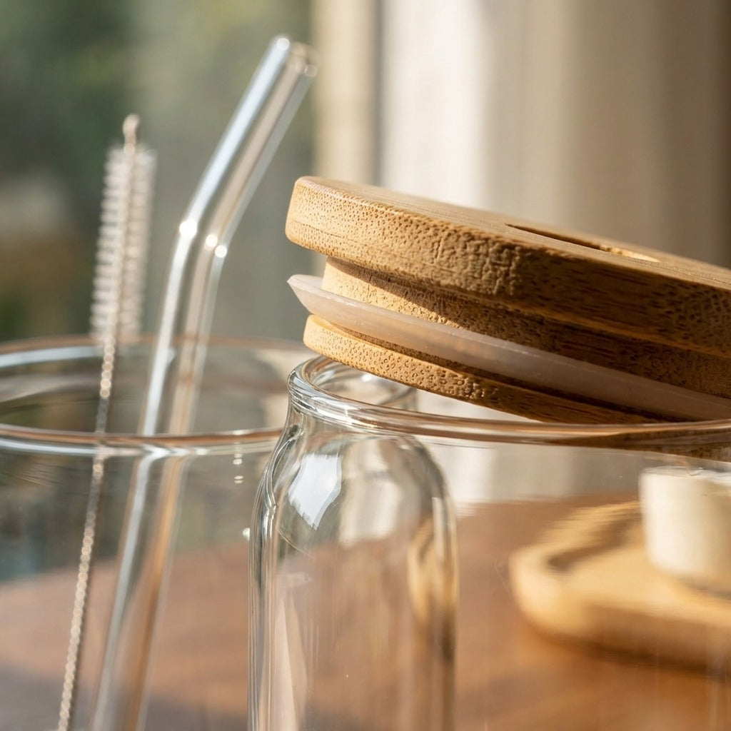 6-Pack Can-Shaped Drinking Glass Cups with Bamboo Lids and Glass Straws