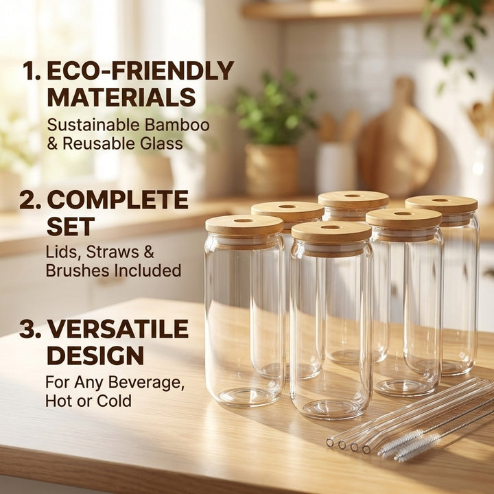 6-Pack Can-Shaped Drinking Glass Cups with Bamboo Lids and Glass Straws