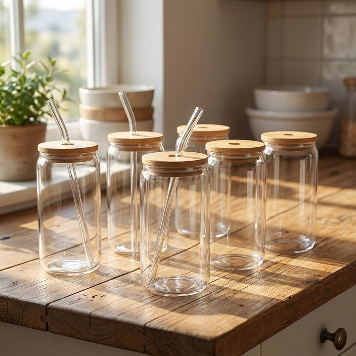 6-Pack Can-Shaped Drinking Glass Cups with Bamboo Lids and Glass Straws