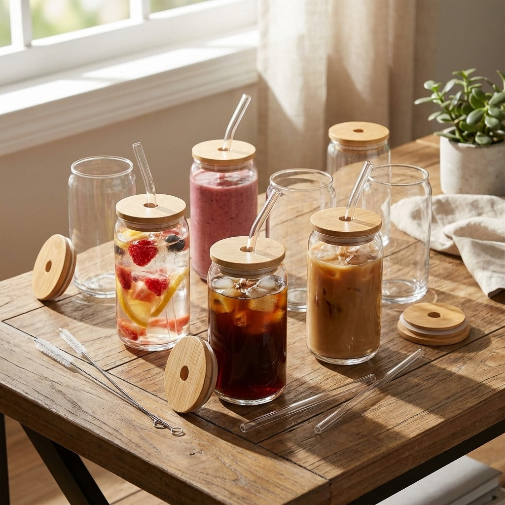 6-Pack Can-Shaped Drinking Glass Cups with Bamboo Lids and Glass Straws