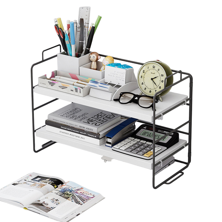 2-Tier Steel Wood Countertop Shelf Standing Rack-White & Black