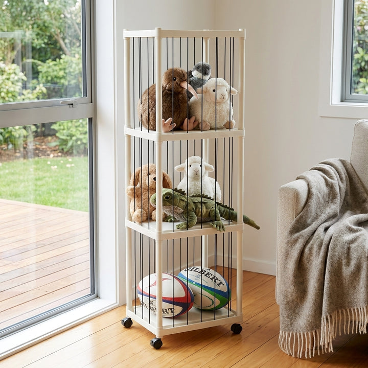 3-Tier Plush Toy Storage Rack with Wheels - Cream White Organizer