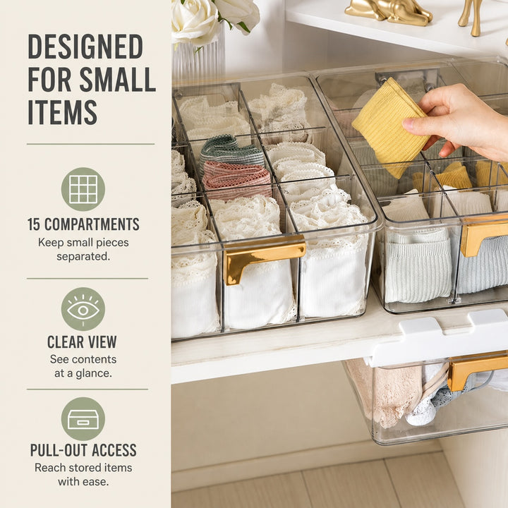 Under Shelf Pull Out Drawer Organiser with 15 Grids - Clear