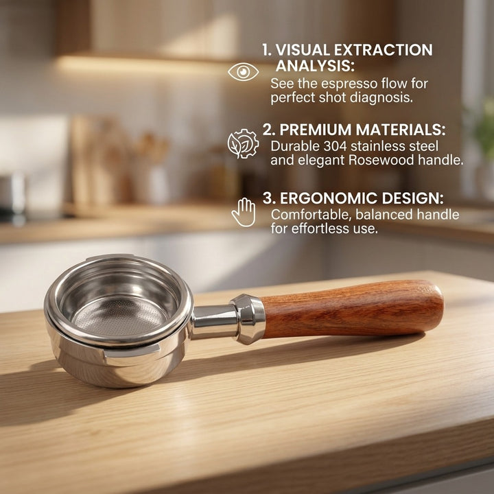 58mm Bottomless Portafilter with Rosewood Handle - E61 Compatible