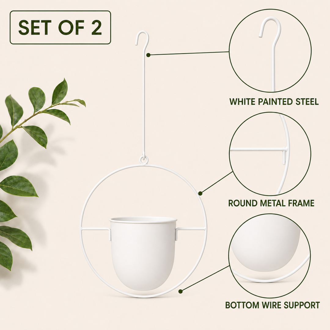 2-Pack Minimalist Round Metal Hanging Plant Pot Holders - White Finish