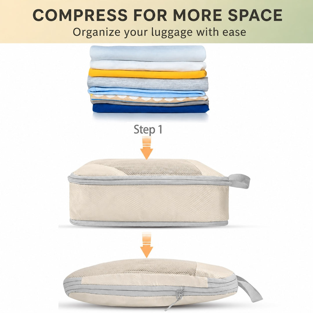 6-Piece Travel Packing Cubes Set with Laundry Bag - Beige