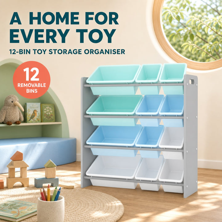 Kids Toy Storage Organizer with 12 Removable Plastic Bins - Pastel