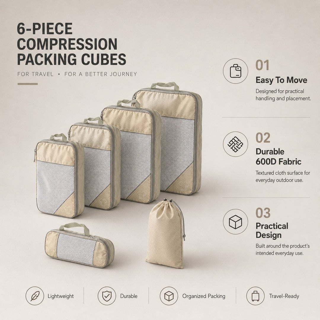 6-Piece Travel Packing Cubes Set with Laundry Bag - Beige