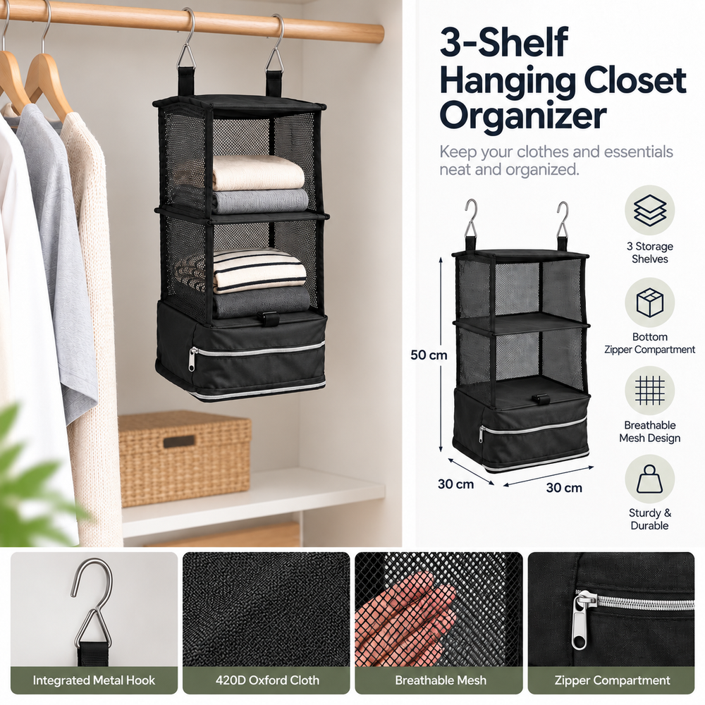 3-Shelf Hanging Closet Organizer 30x30x50 - Space Saving Closet Storage