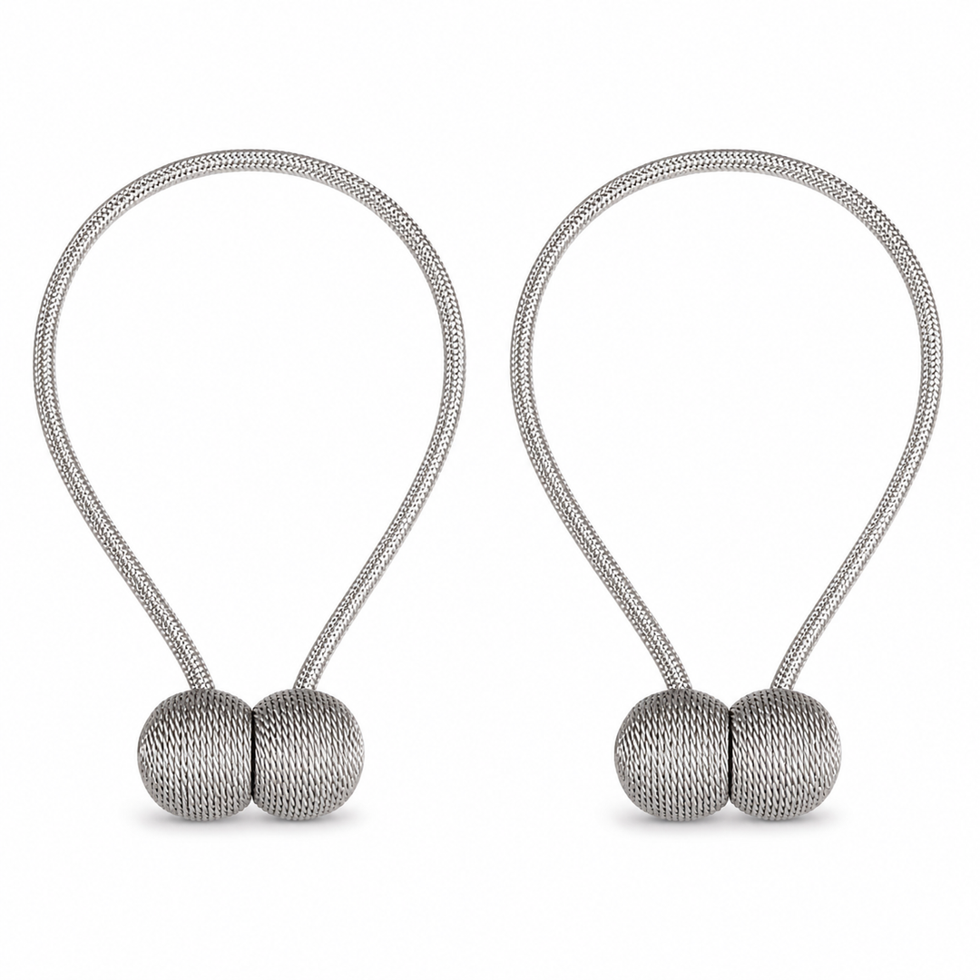 Two pairs of gray woven magnetic curtain tiebacks on a white background
