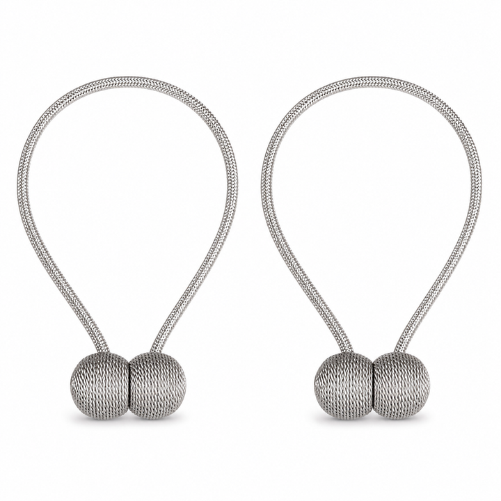 Two pairs of gray woven magnetic curtain tiebacks on a white background