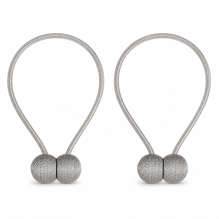 Two pairs of gray woven magnetic curtain tiebacks on a white background