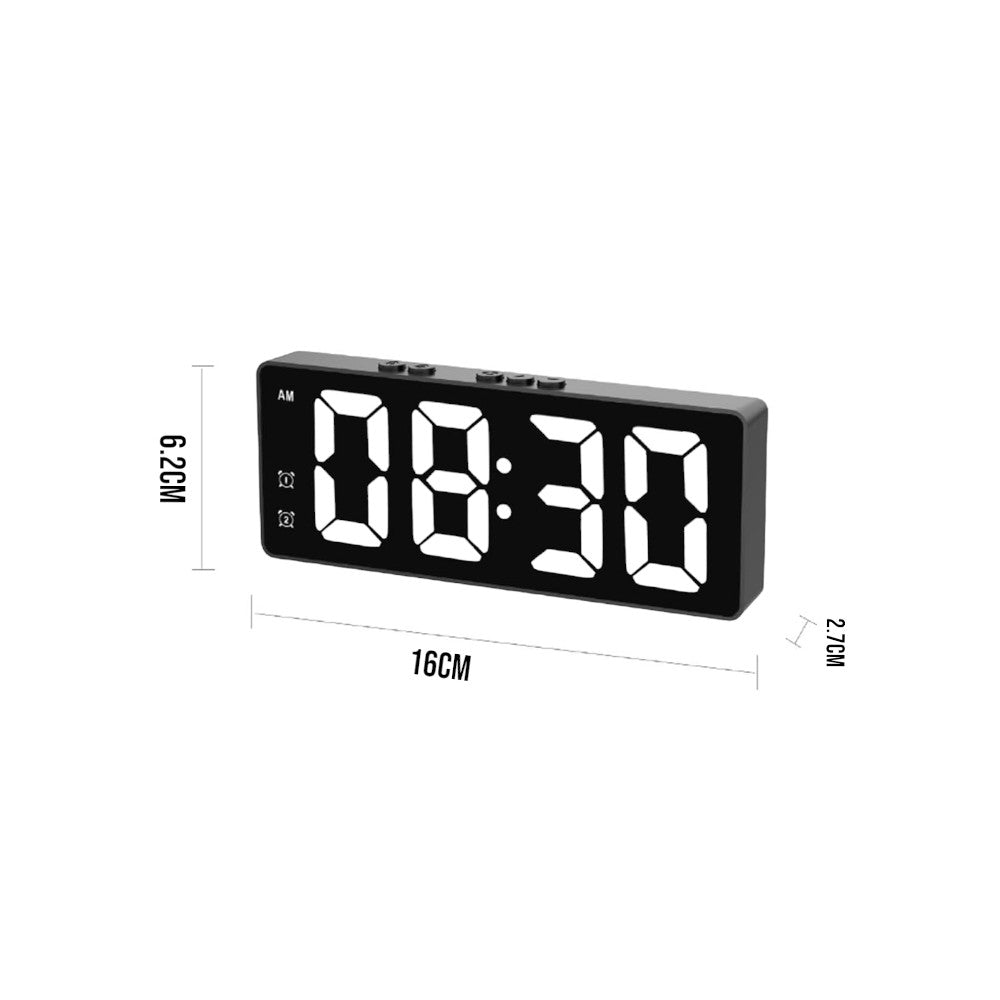 LED Mirror Large Display Desk Clock with Temperature Snooze Dual Alarms - Black