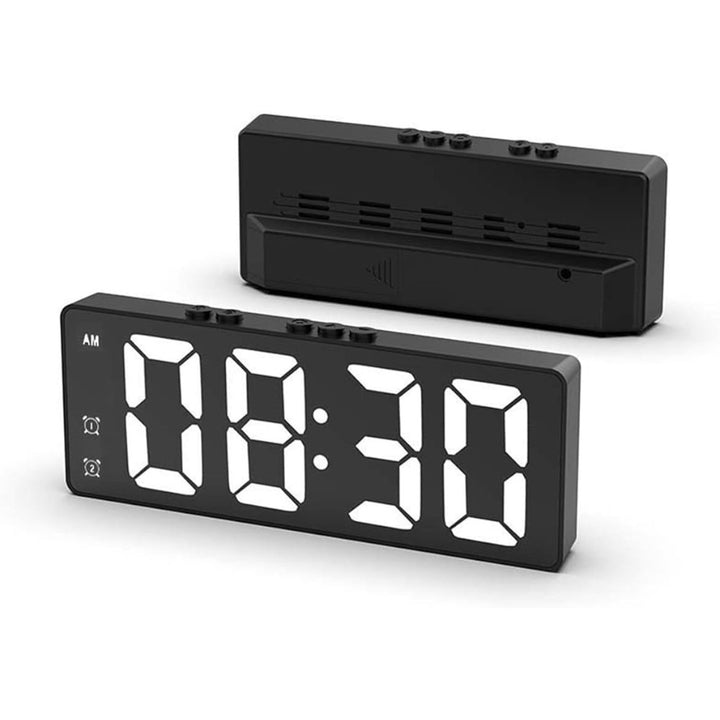LED Mirror Large Display Desk Clock with Temperature Snooze Dual Alarms - Black