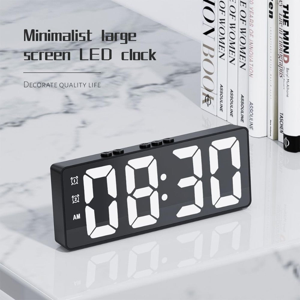 LED Mirror Large Display Desk Clock with Temperature Snooze Dual Alarms - Black