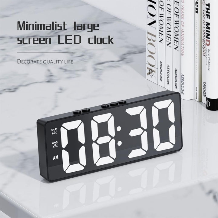 LED Mirror Large Display Desk Clock with Temperature Snooze Dual Alarms - Black