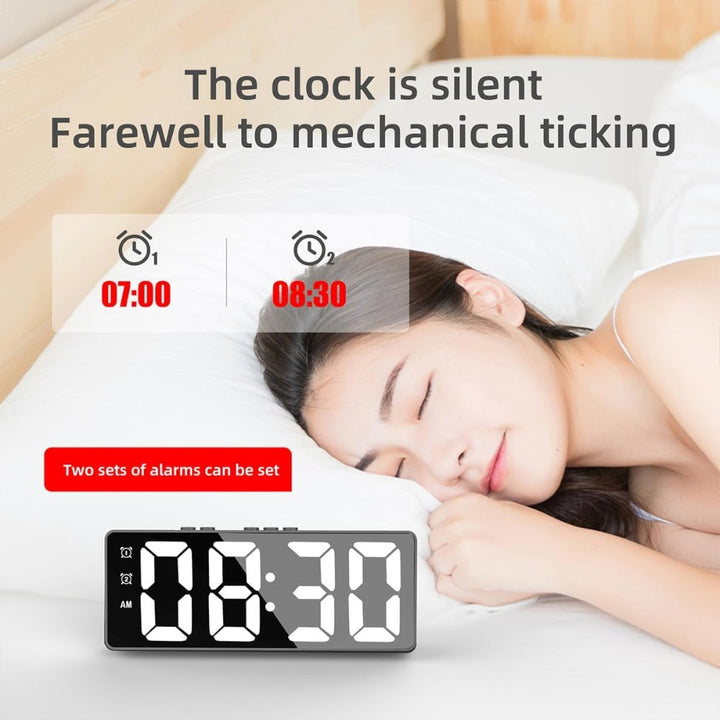 LED Mirror Large Display Desk Clock with Temperature Snooze Dual Alarms - Black