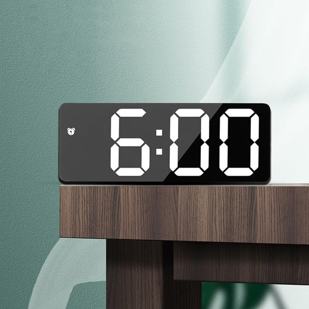 LED Mirror Large Display Desk Clock with Temperature Snooze Dual Alarms - Black