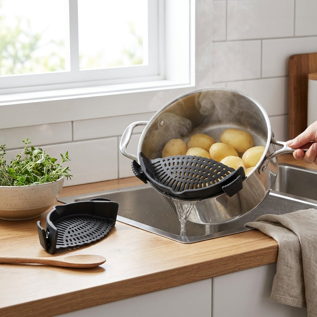 2-Piece Clip-On Silicone Pot Strainer for Pans and Bowls