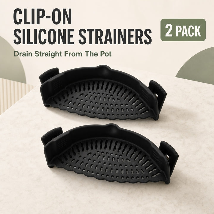 2-Piece Clip-On Silicone Pot Strainer for Pans and Bowls