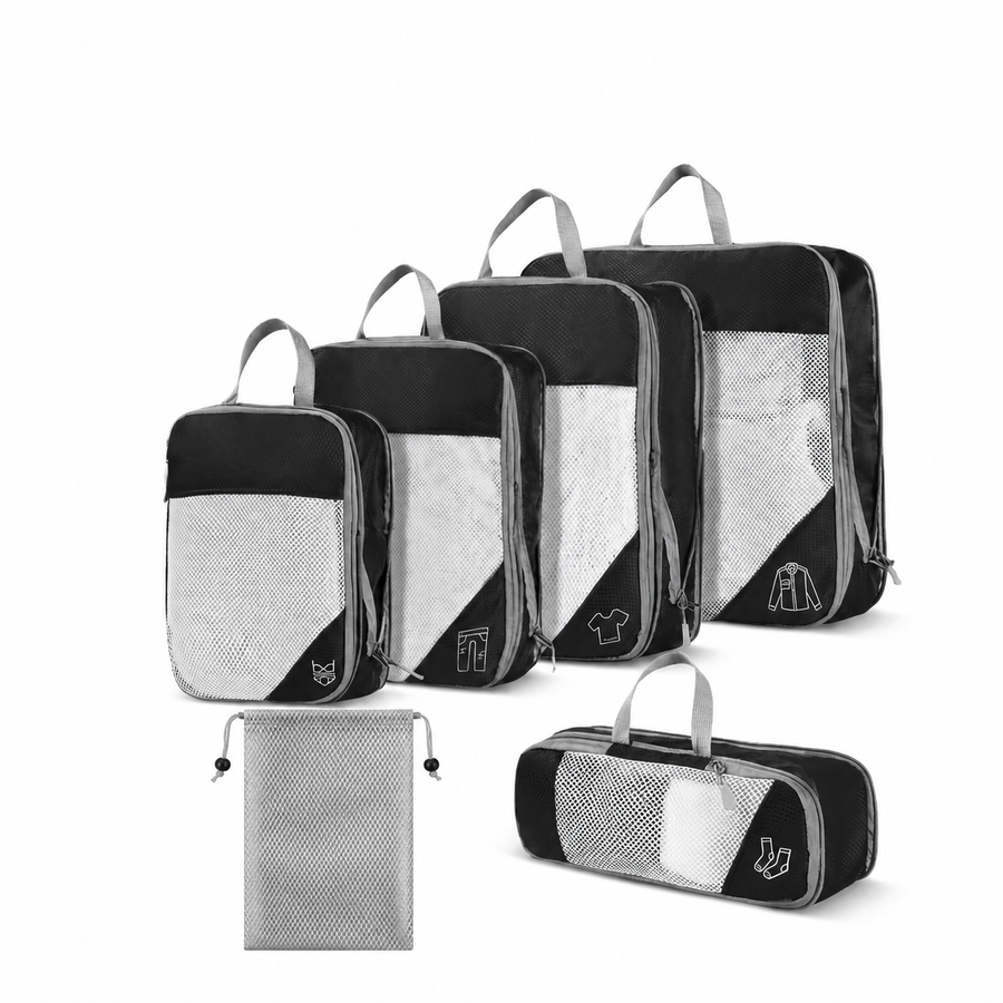 6pcs Compression Packing Cubes Travel Luggage Organizer Set - Black