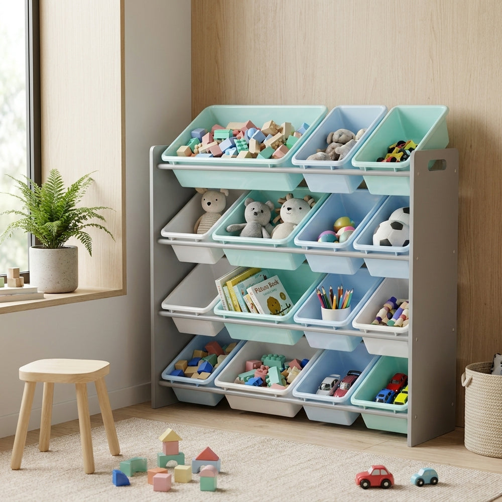 Kids Toy Storage Organizer with 12 Removable Plastic Bins - Pastel