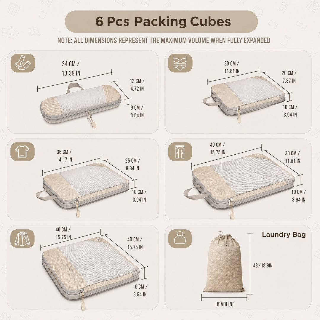 6-Piece Travel Packing Cubes Set with Laundry Bag - Beige