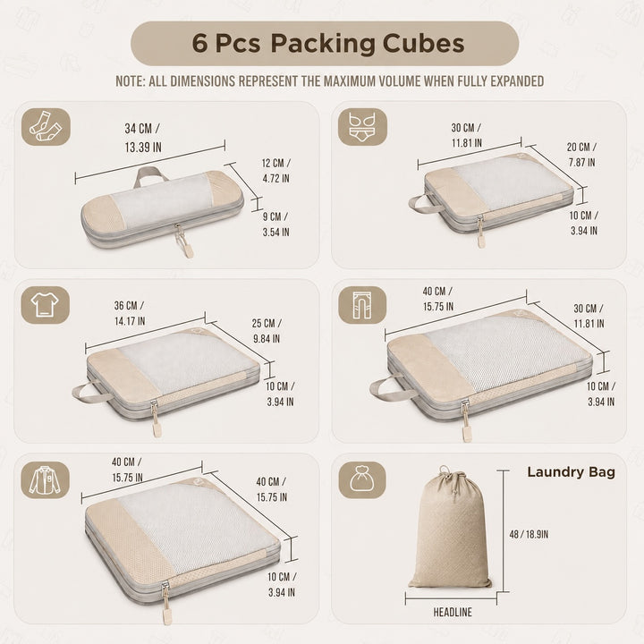 6-Piece Travel Packing Cubes Set with Laundry Bag - Beige