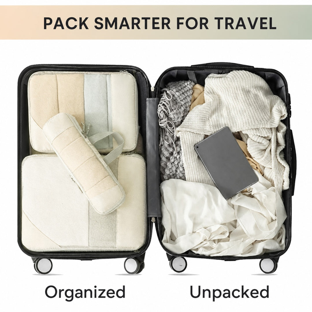 6-Piece Travel Packing Cubes Set with Laundry Bag - Beige