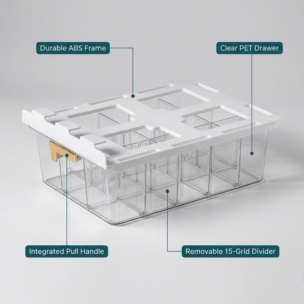Under Shelf Pull Out Drawer Organiser with 15 Grids - Clear