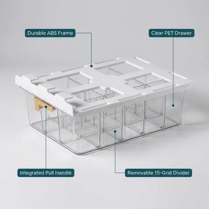 Under Shelf Pull Out Drawer Organiser with 15 Grids - Clear