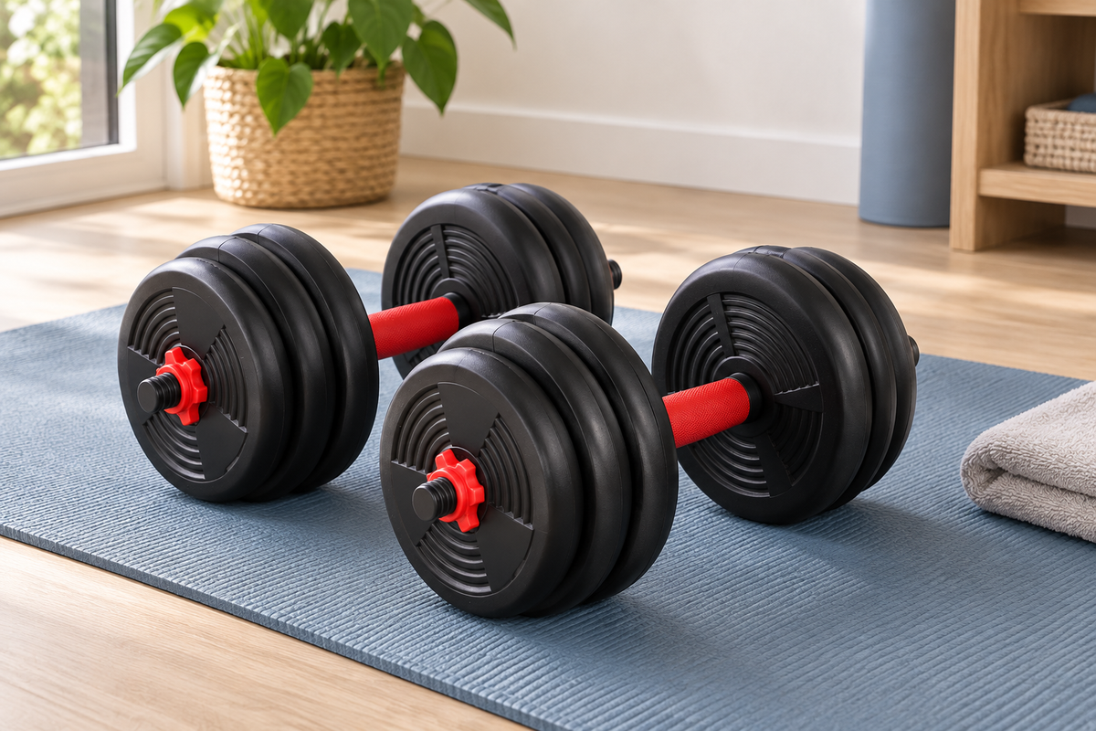 Pair of black round-plate adjustable dumbbells with red handles on a blue mat.