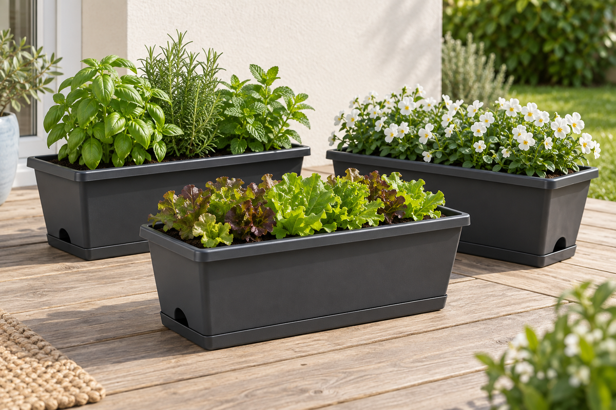 Three charcoal rectangular planters with matching trays, herbs and flowers on a garden deck.
