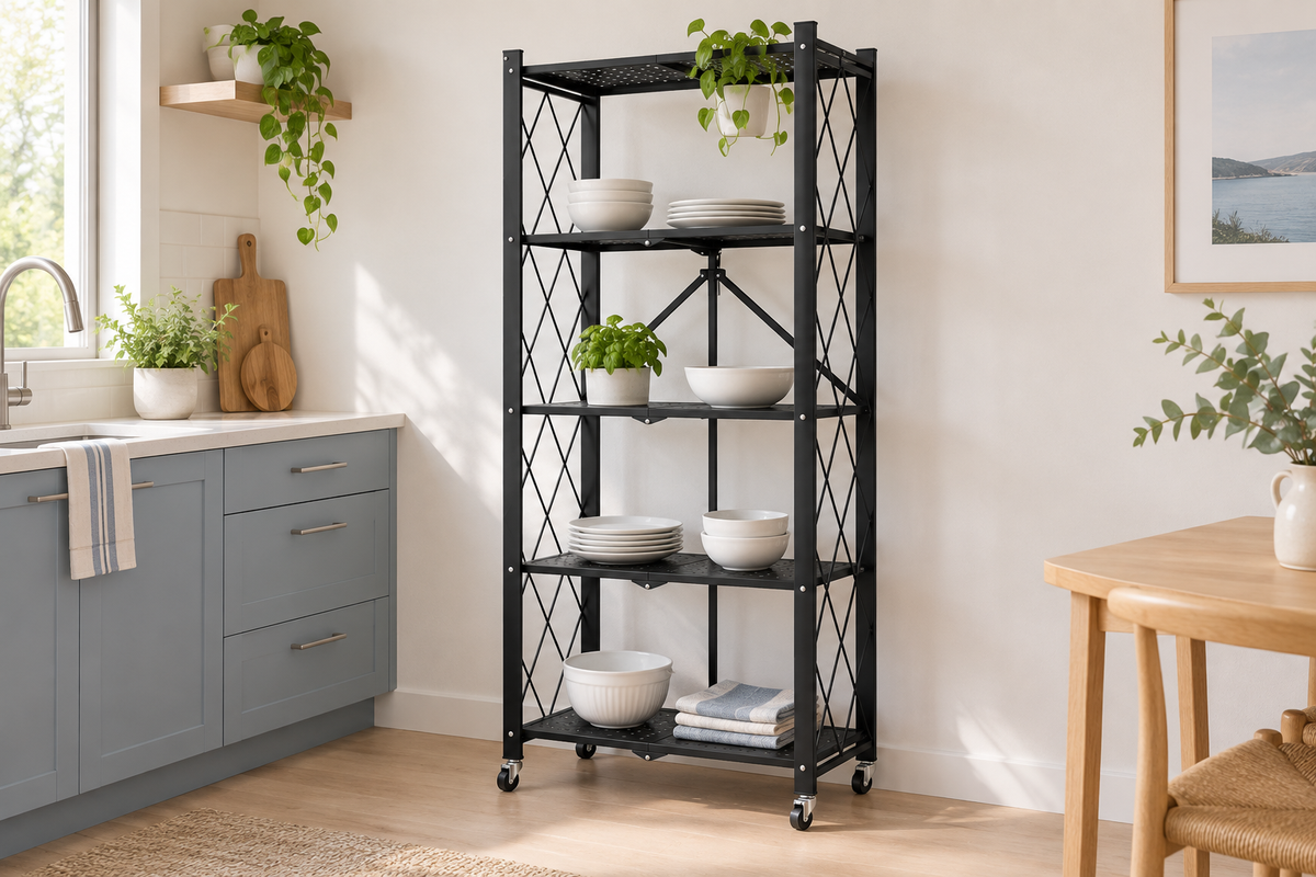 Black five-tier folding trolley with wheels in a bright kitchen.