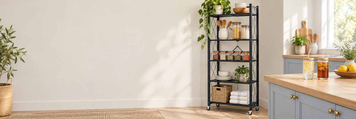 Bright kitchen scene with a black storage trolley, spice jars and bamboo-lid drinking glasses.