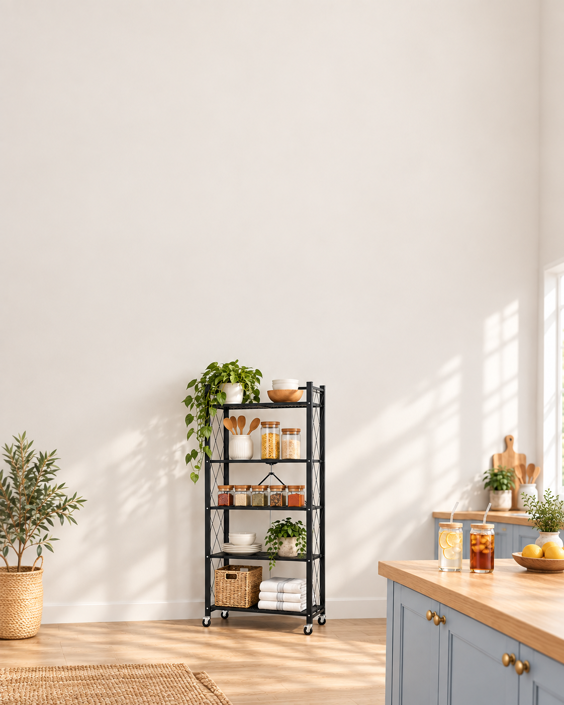 Bright kitchen lifestyle scene with storage trolley, spice jars and drinking glasses.