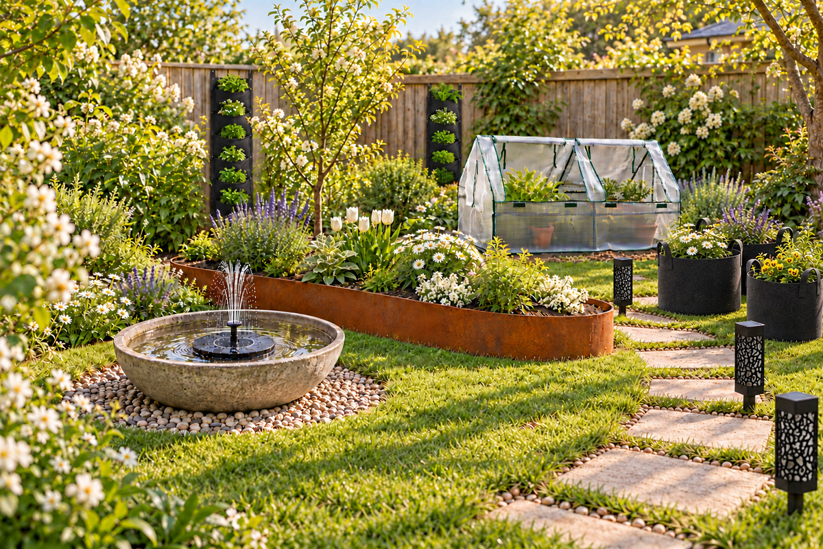 AI concept garden showing metal edging, a low greenhouse, a solar fountain, pocket planters, solar garden lights and fabric grow bags